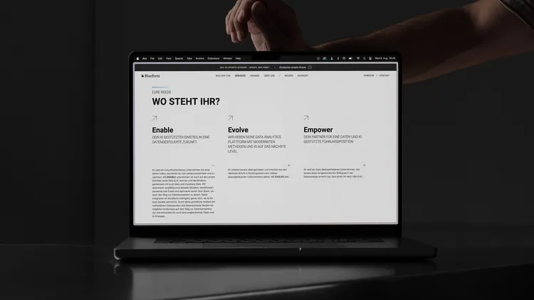 Laptop displaying the 'Needs' section of the Blueforte website.