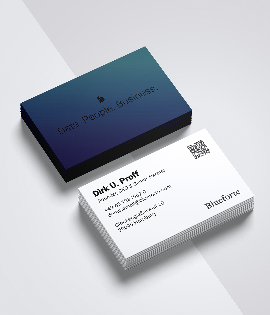 Front and back of the Blueforte business card with their picture mark and company claim Data.People.Business.