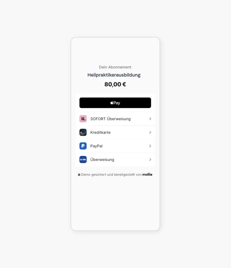 Image of a payment page for a subscription "Heilpraktikerausbildung" costing €80.00. Various payment methods are available: Apple Pay, SOFORT Überweisung, credit card, PayPal, and bank transfer. A note below indicates it is a demo secured and provided by Mollie.