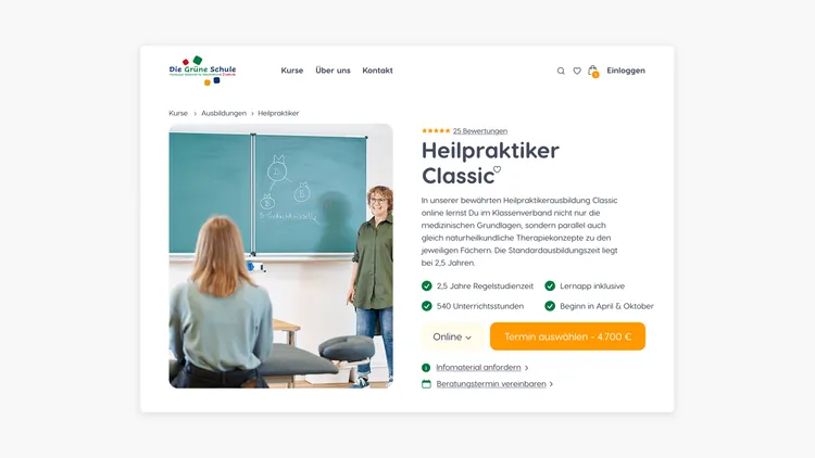 A screenshot of a website from 'Die Grüne Schule'. On the left is an image of a classroom with two people; a woman is standing next to a chalkboard explaining something. The board has marks and symbols drawn on it. On the right is the course description for 'Heilpraktiker Classic' with details about the course duration, number of lessons, and cost.