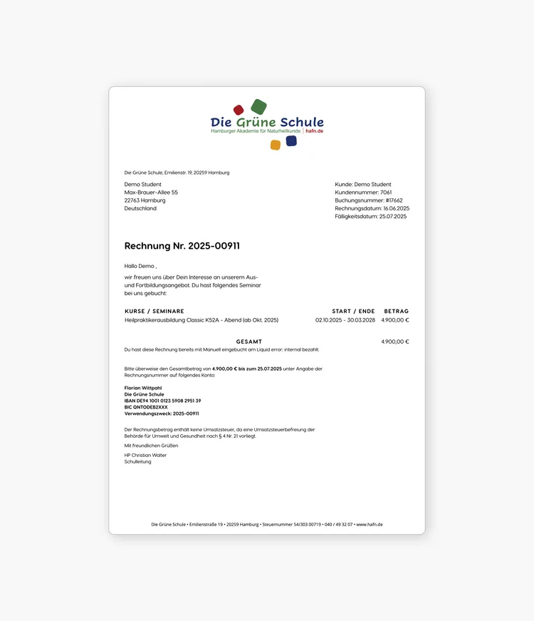 A document featuring the logo of 'Die Grüne Schule' at the top, issuing an invoice with the number 2025-00911 to a customer named Demo Student. The invoice is for attending a course 'Heilpraktikerausbildung Classic K52A - Abend' and amounts to €4,900.00. Details about bank information and payment requests are also included.