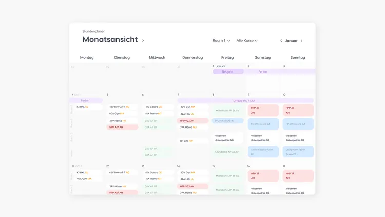 A digital monthly calendar with a weekly overview from Monday to Sunday. Various appointments and courses are marked with different colors, including holidays and specific course codes. The calendar displays the month of January and uses categories like room and courses.