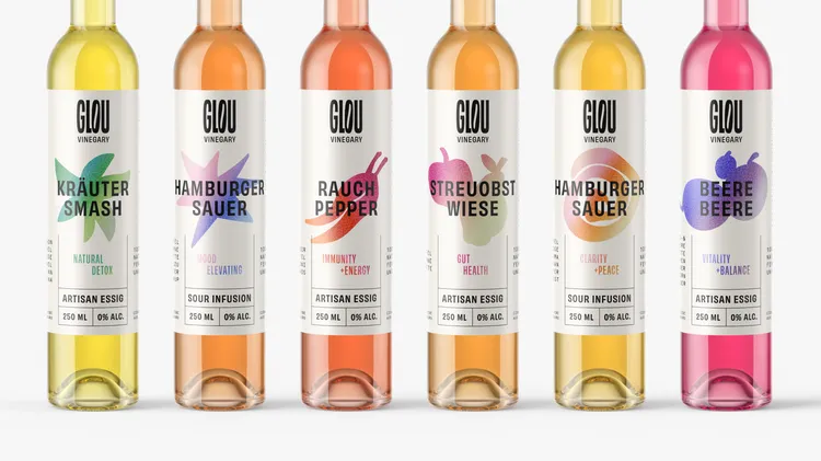 Sechsteilige Essig-Geschmackskollektion mit maßgeschneidertem Verpackungsdesign für Glou Vinegary