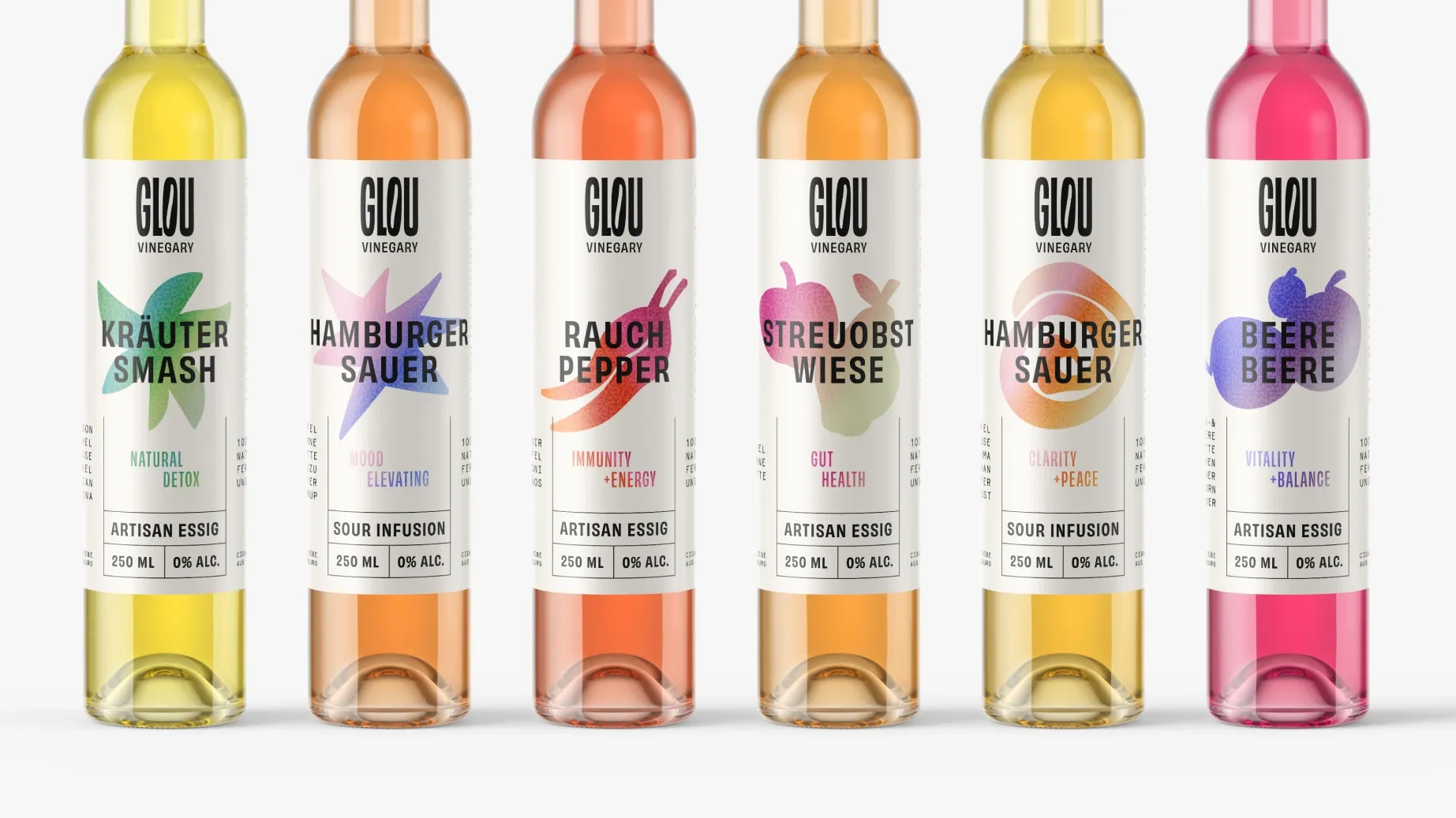 Sechsteilige Essig-Geschmackskollektion mit maßgeschneidertem Verpackungsdesign für Glou Vinegary