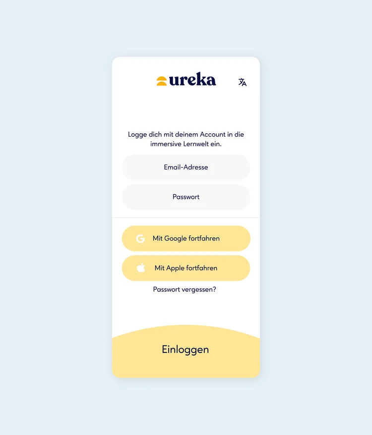 A login screen for "ureka" with input fields for email address and password. Below, there are buttons to continue with Google or Apple. A link to reset the password and a 'Login' button are also present.