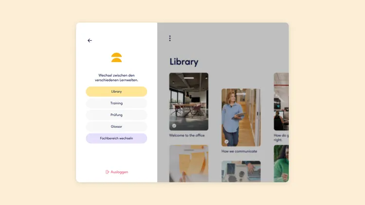 Screenshot of a user interface with a menu on the left and a library page on the right. On the left, the menu shows options like 'Library', 'Training', 'Prüfung', 'Glossar', and 'Switch Department'. On the right, there are images and text in the library, including topics like 'Welcome to the office' and 'How we communicate'.