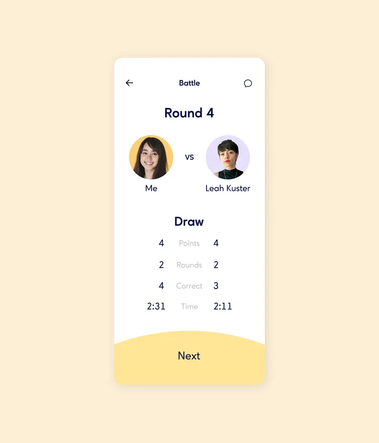 A smartphone screen displays the results of Round 4 in a game between 'Me' and 'Leah Kuster'. Both players have 4 points, resulting in a draw. Additional details: 2 rounds, 'Me' has 4 correct answers in 2:31 minutes, 'Leah Kuster' has 3 correct answers in 2:11 minutes. There is a 'Next' button at the bottom.