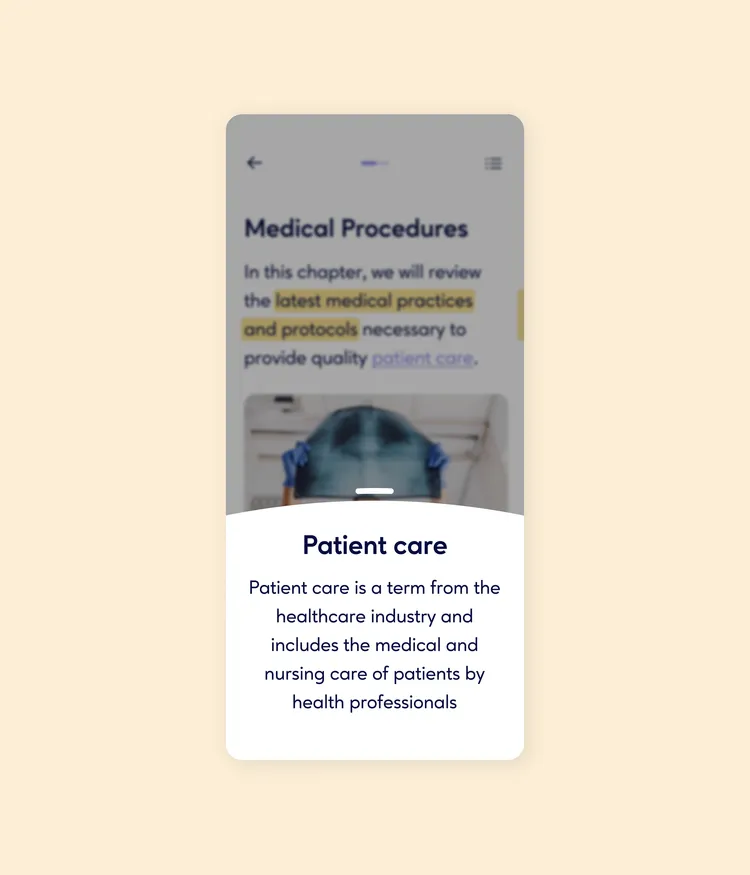 Image of a smartphone screen displaying a section of text about medical procedures. The top part shows the title "Medical Procedures" with highlighted text "latest medical practices and protocols". Below it is "Patient care", followed by an explanation that this is a term from the healthcare industry, including the medical and nursing care of patients.