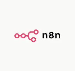 The image shows the n8n logo with a pink schematic representation of nodes and connections on the left and the text 'n8n' in black font on the right.