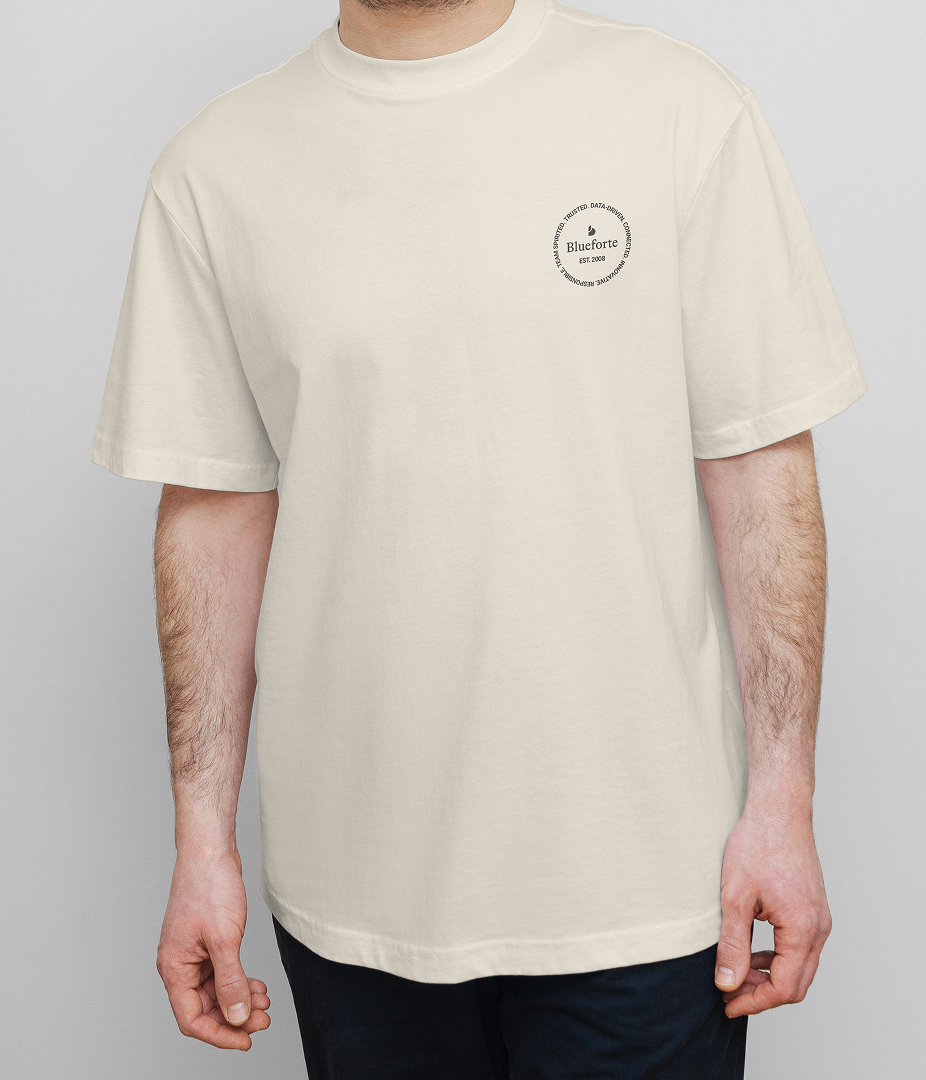 T-shirt featuring the Blueforte logo on the front.