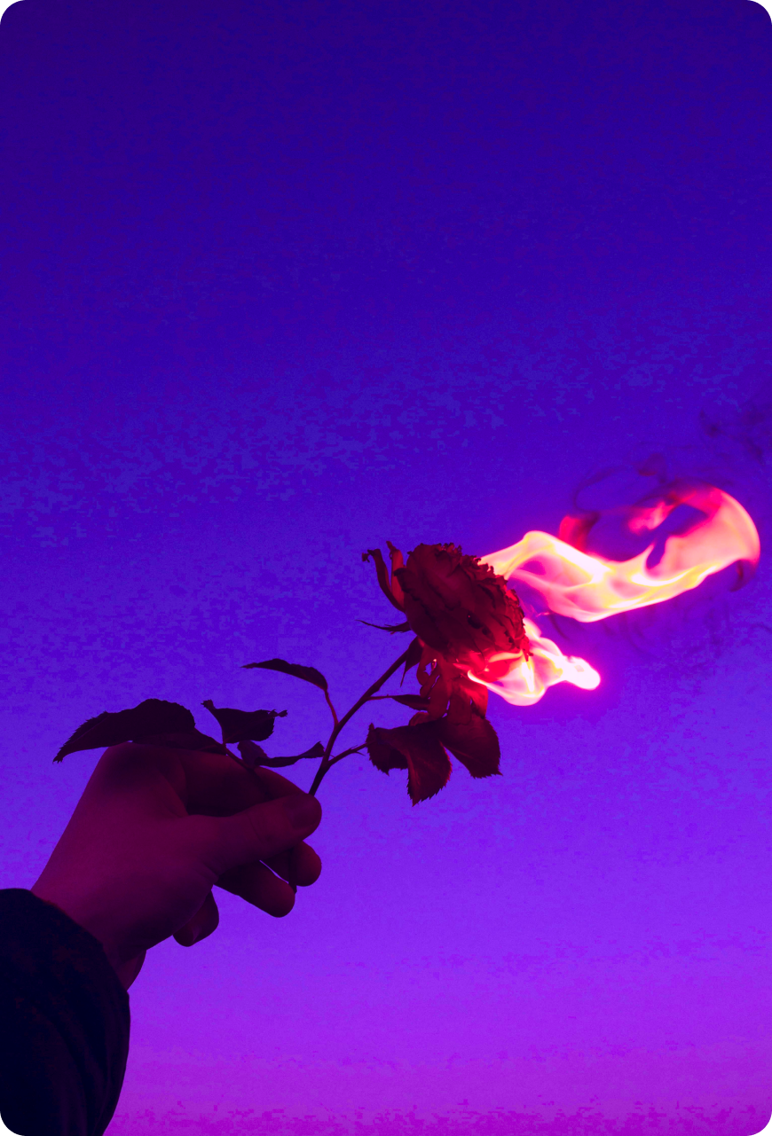 A figure holds a burning rose, illustrating the contrast between fire and flora.